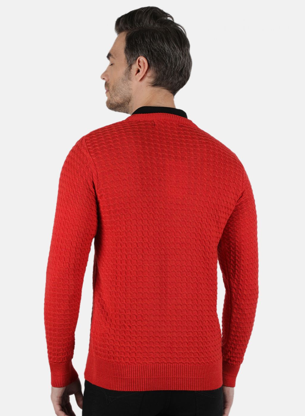 Men Red Self Design Pullover