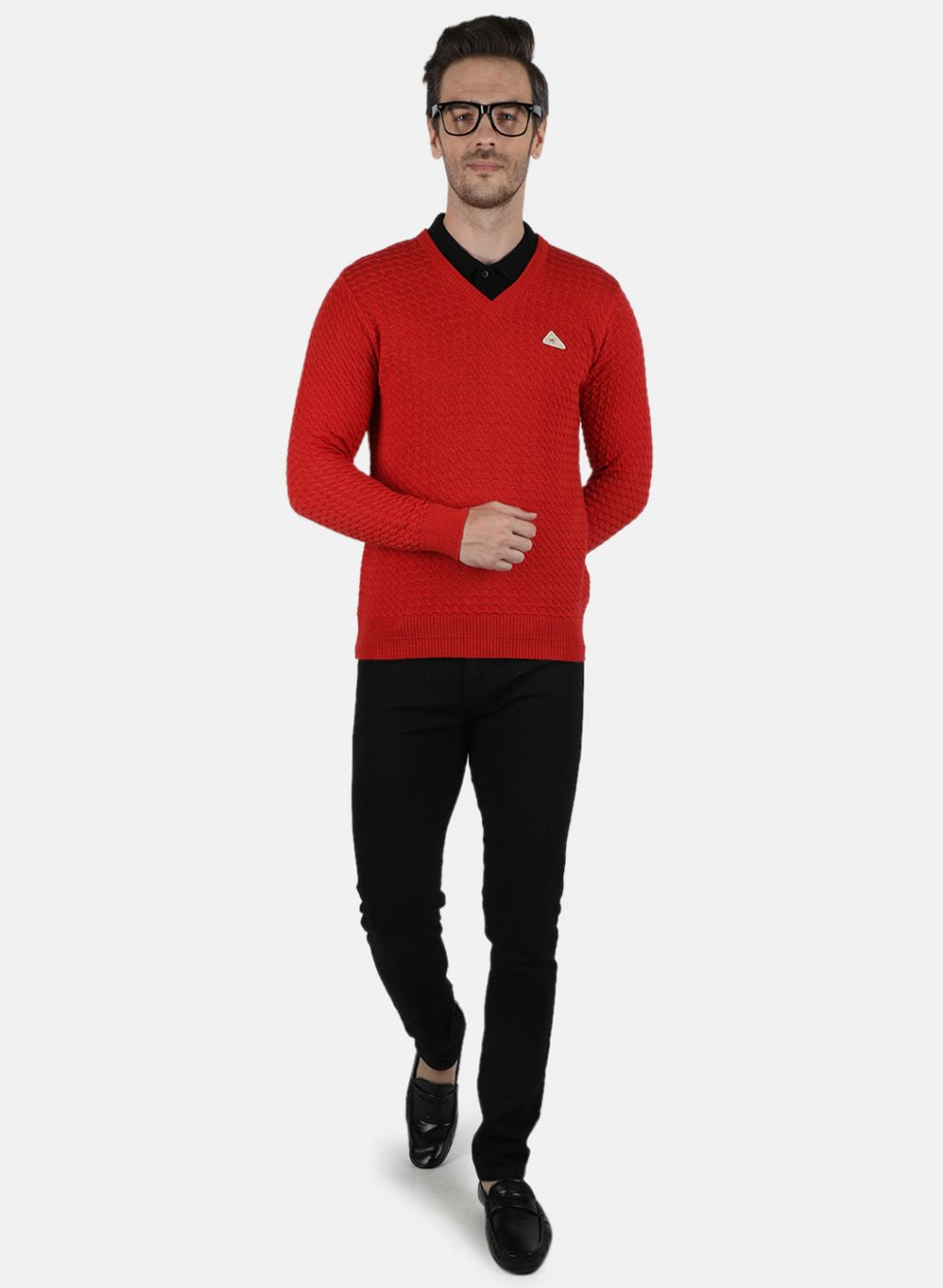 Men Red Self Design Pullover