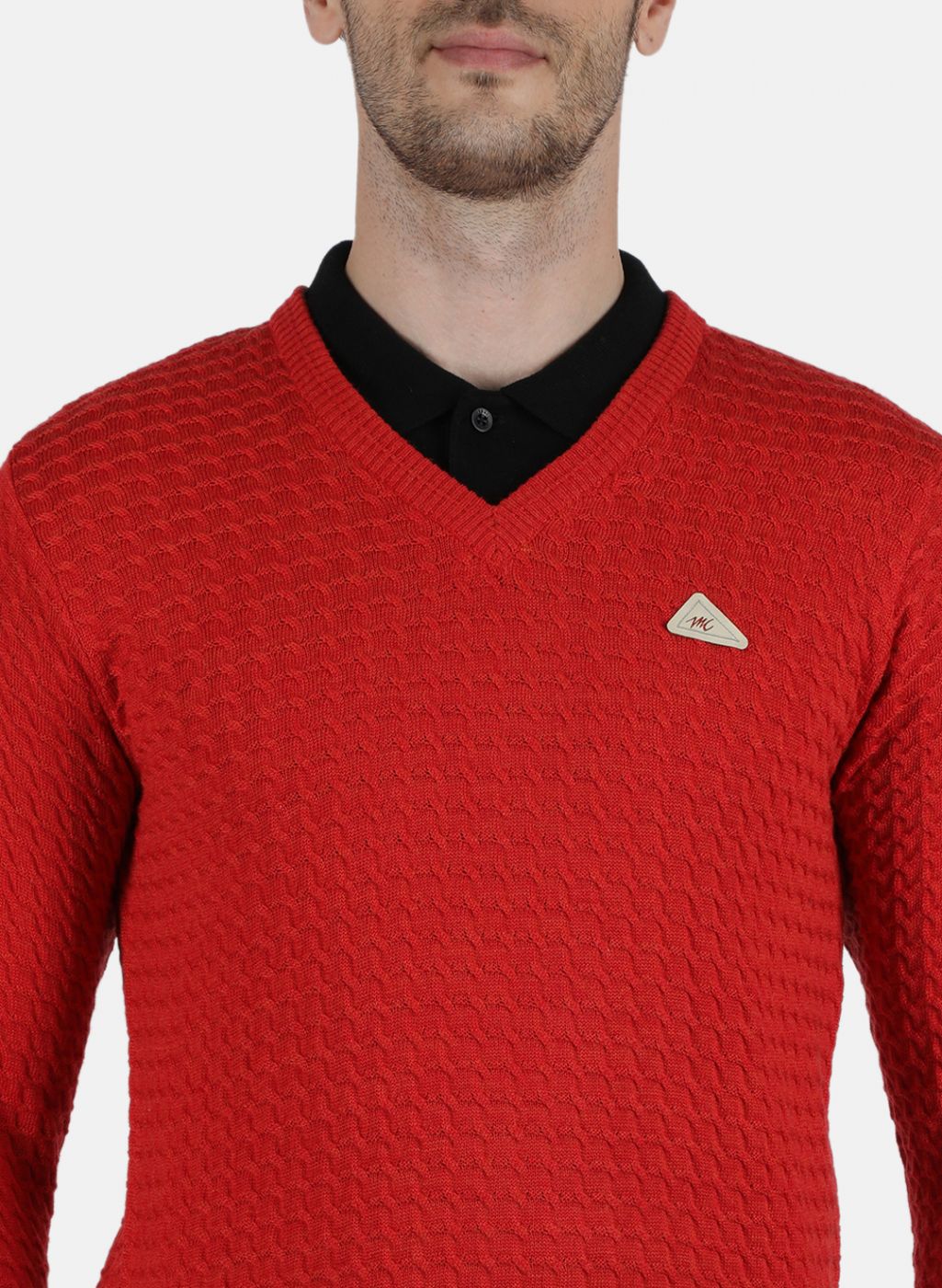 Men Red Self Design Pullover