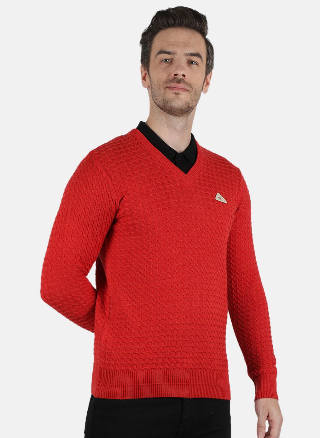 Men Red Self Design Pullover