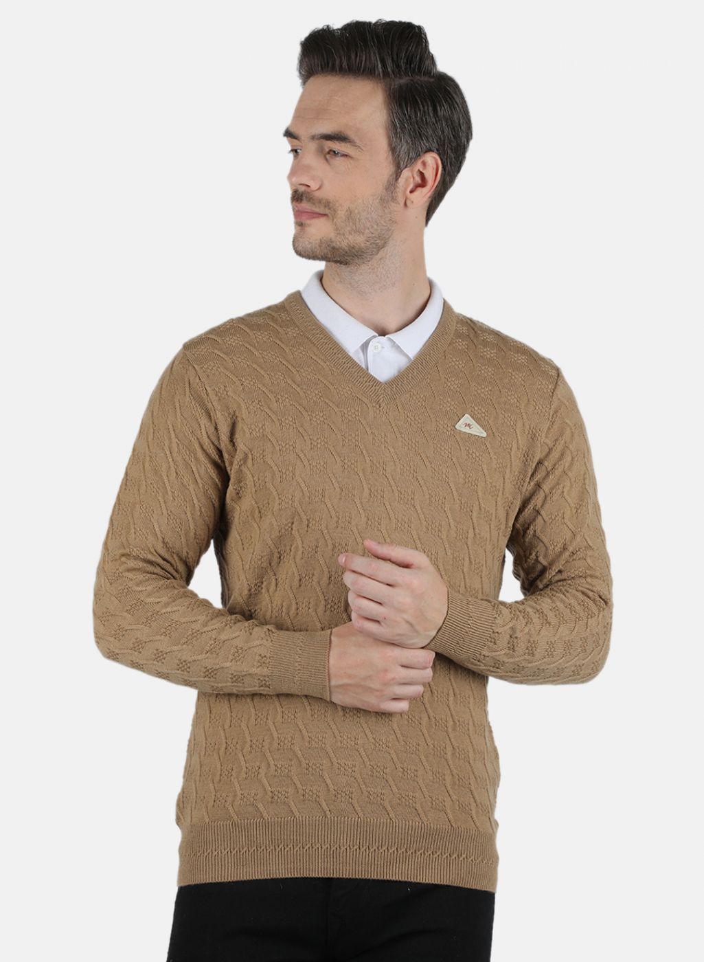 Men Beige Self Design Pullover