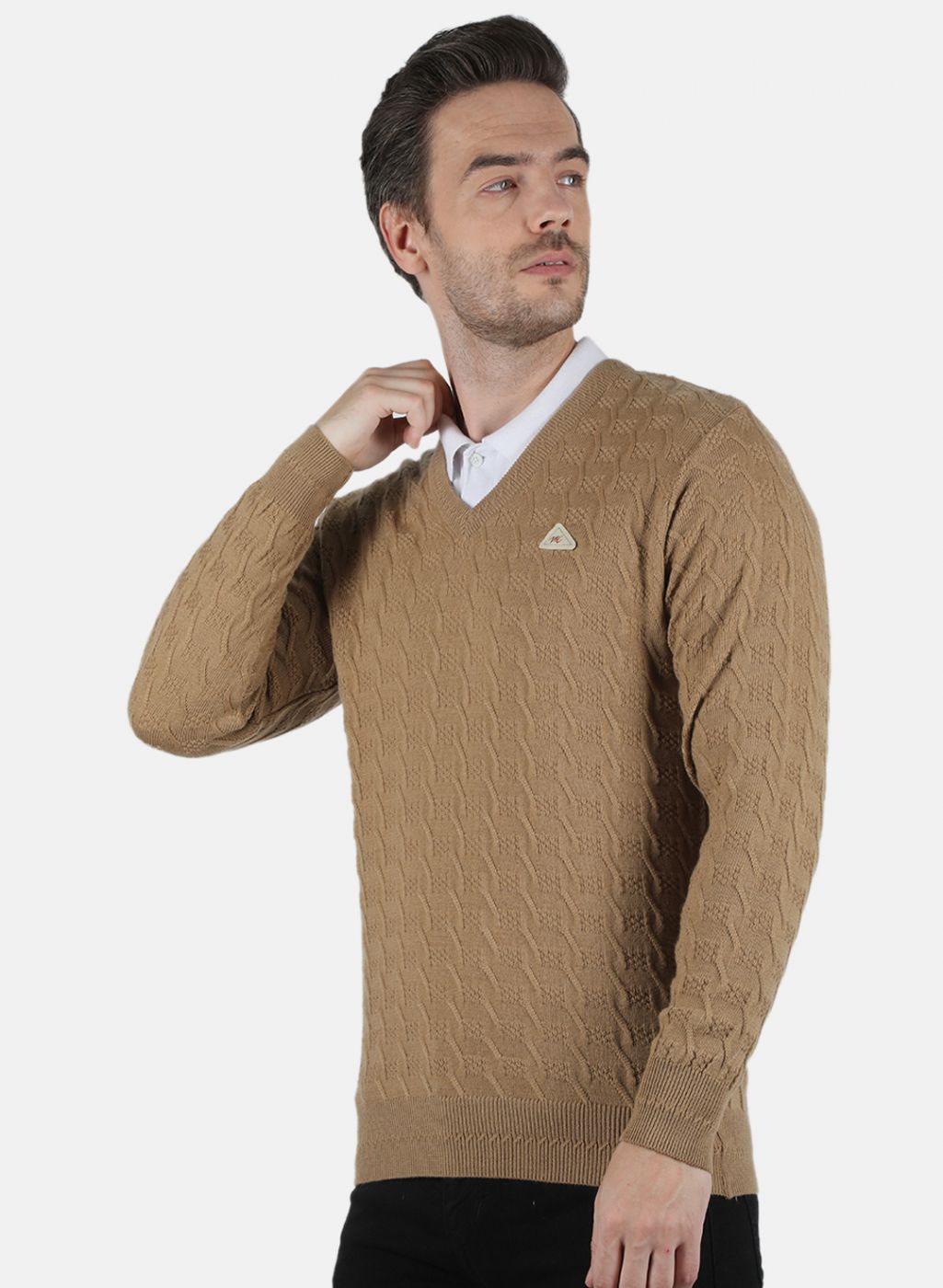 Men Beige Self Design Pullover