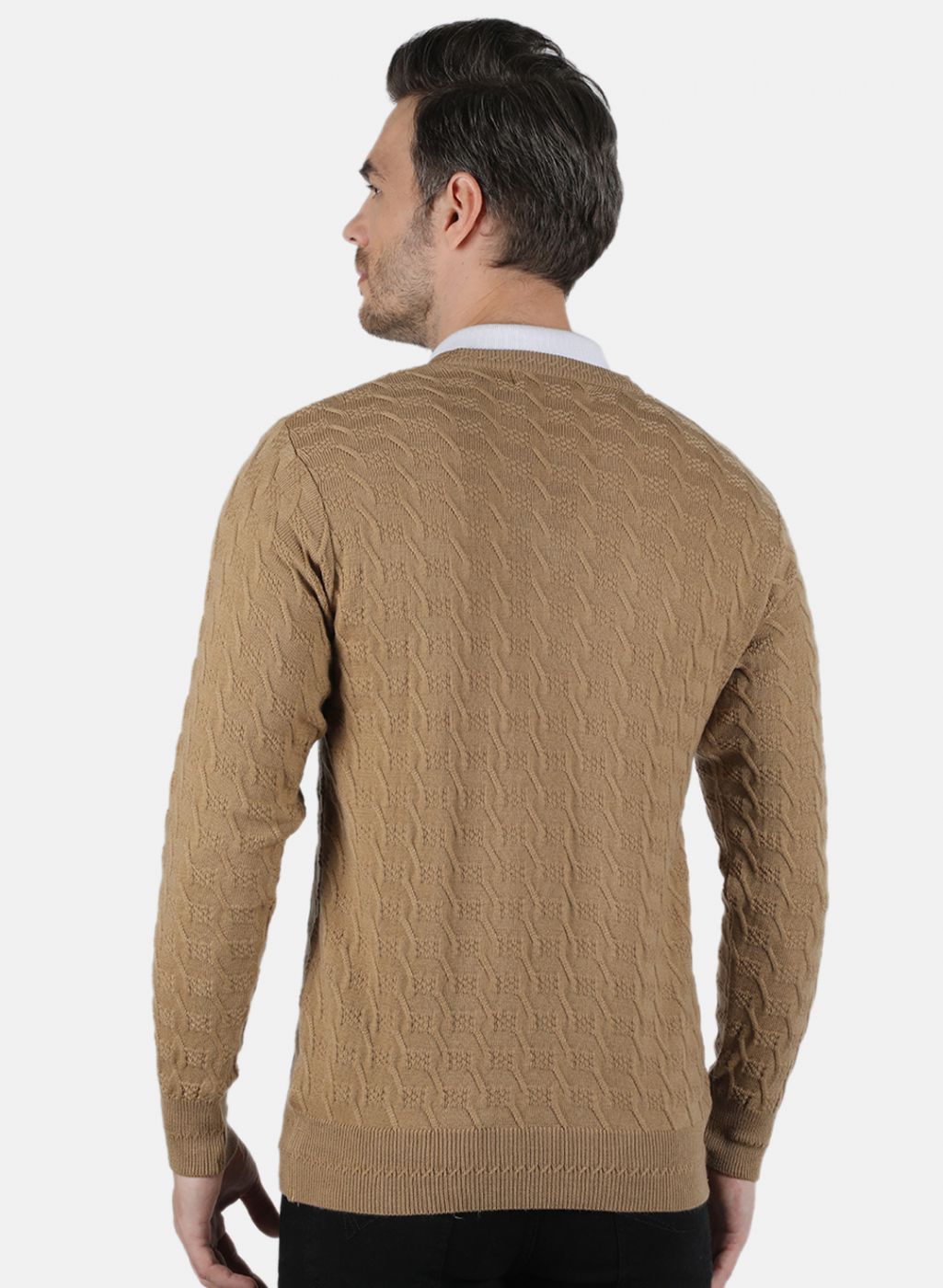 Men Beige Self Design Pullover