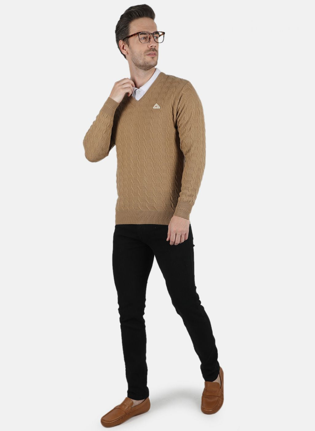 Men Beige Self Design Pullover