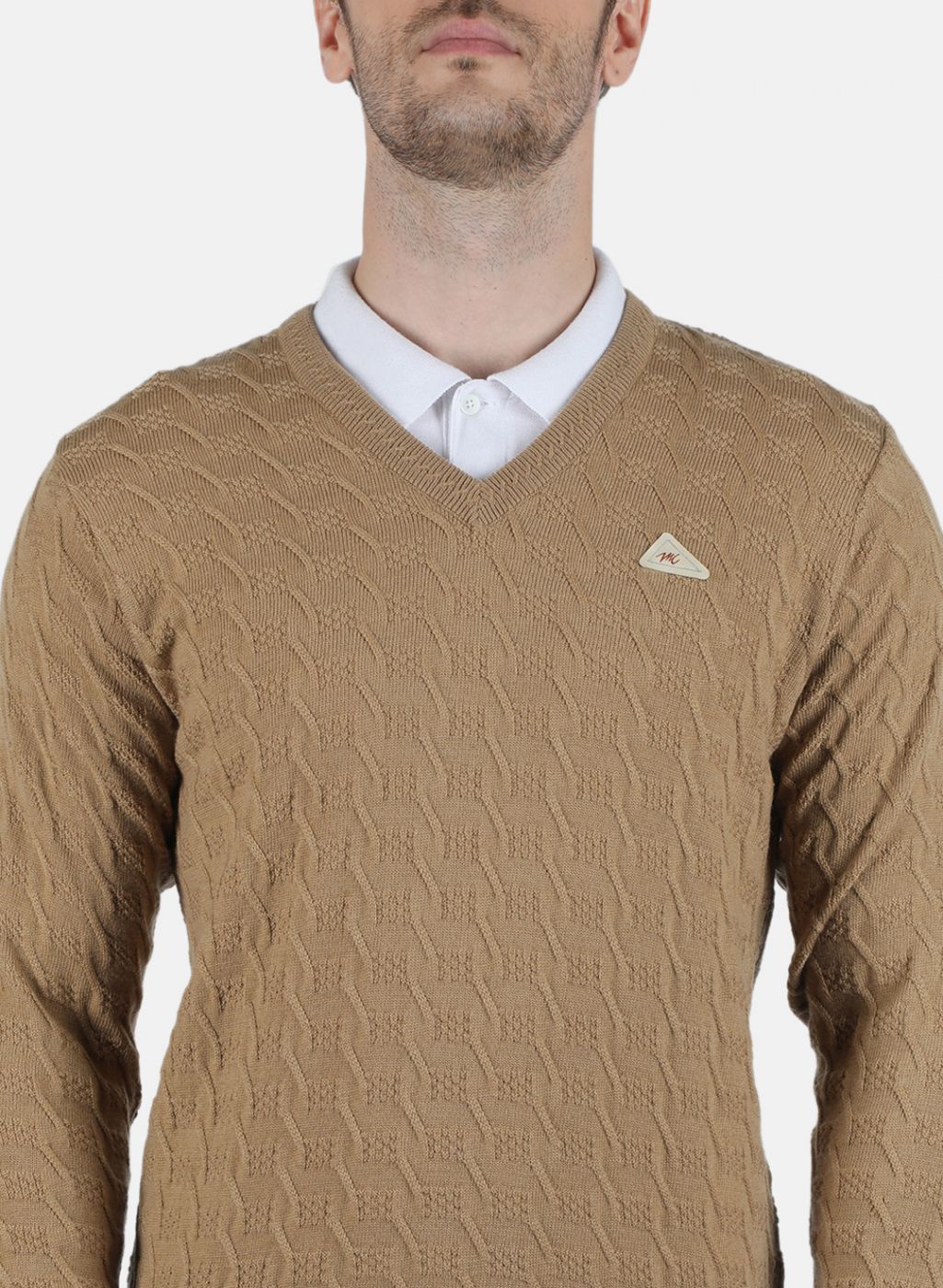 Men Beige Self Design Pullover