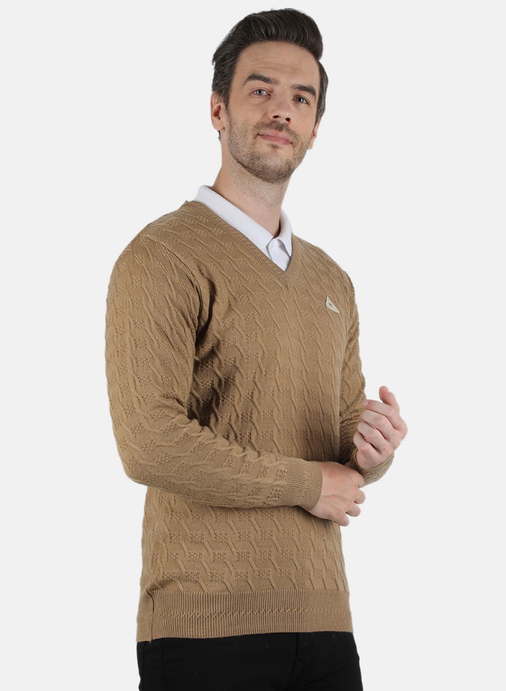 Men Beige Self Design Pullover