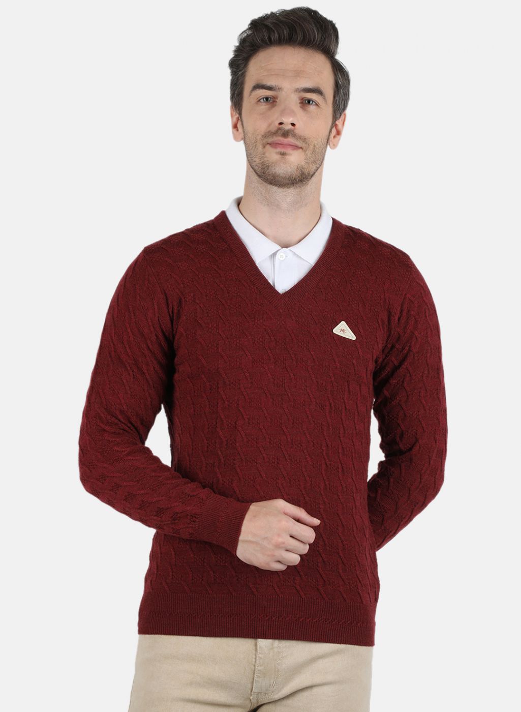 Men Maroon Self Design Pullover