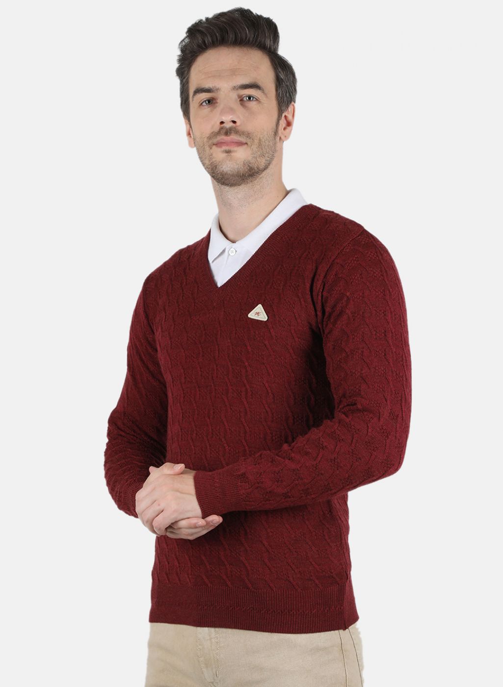 Men Maroon Self Design Pullover