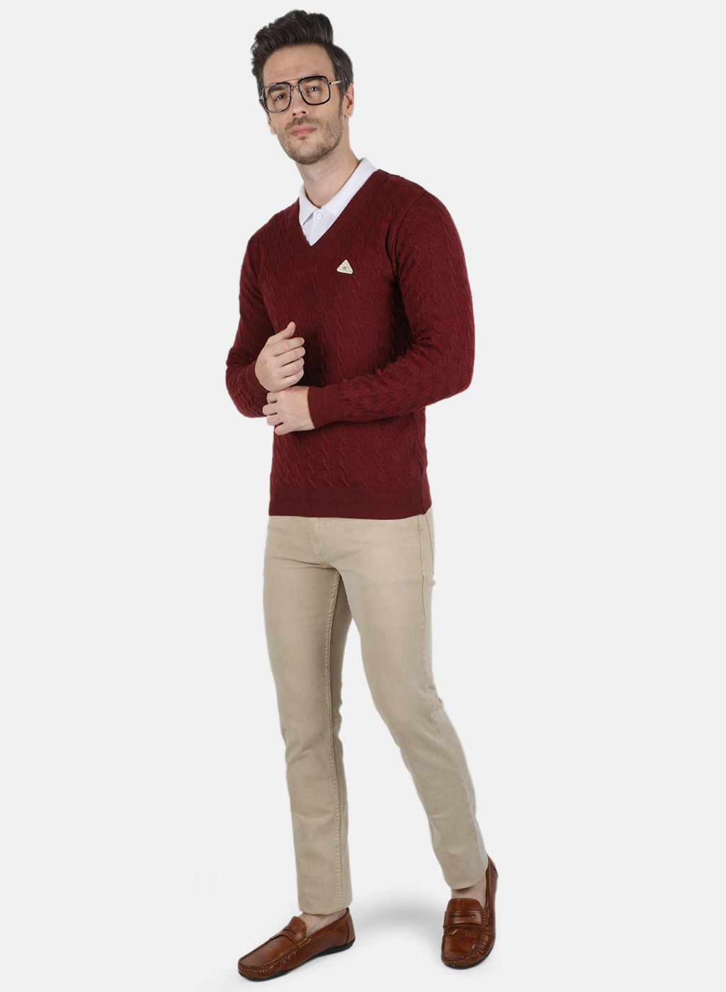 Men Maroon Self Design Pullover