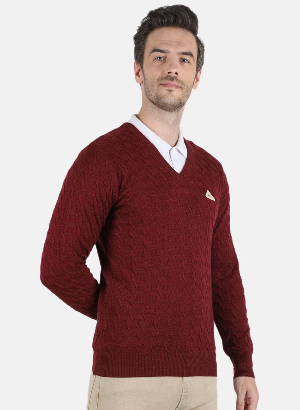 Men Maroon Self Design Pullover