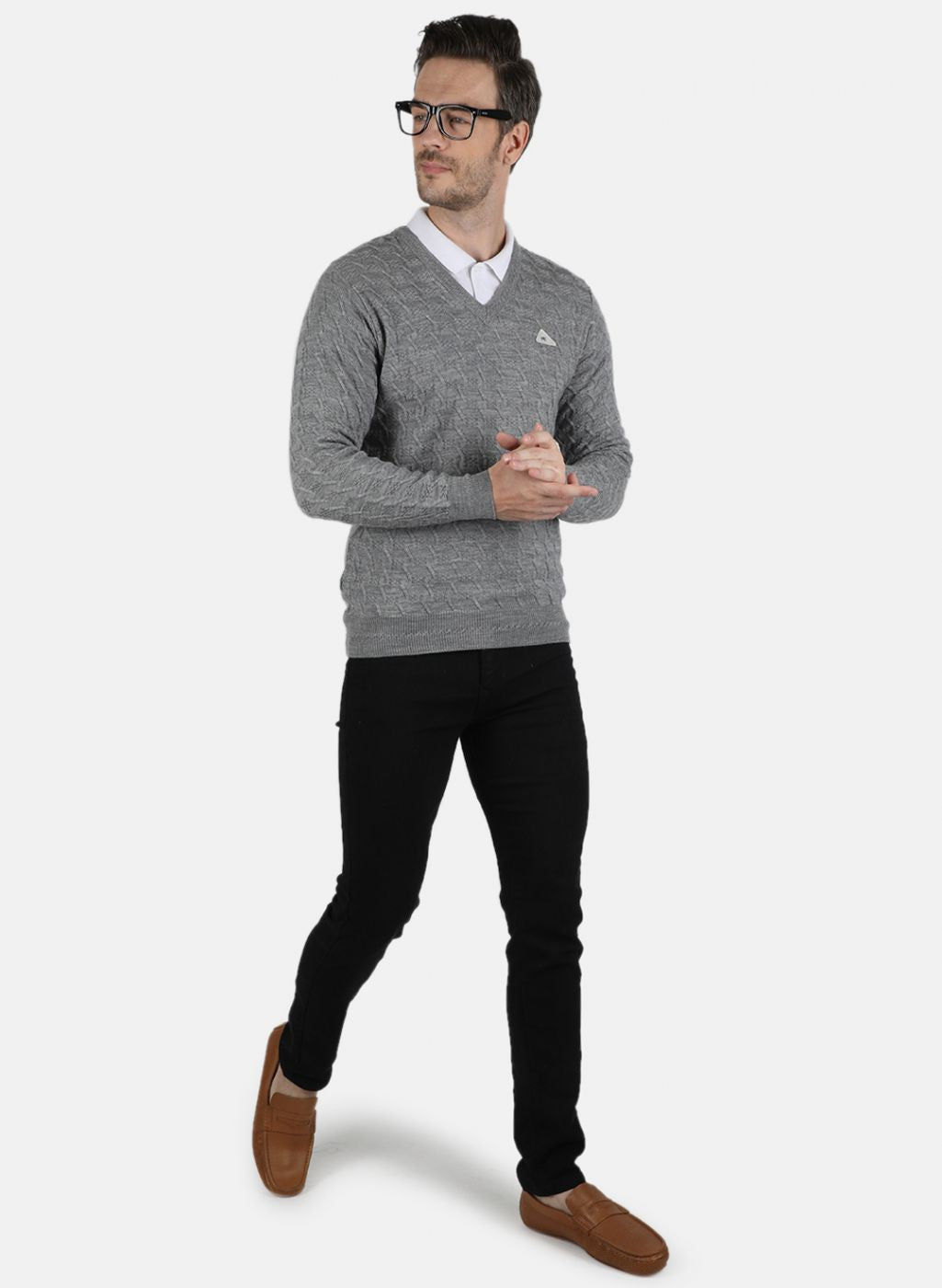 Men Grey Self Design Pullover