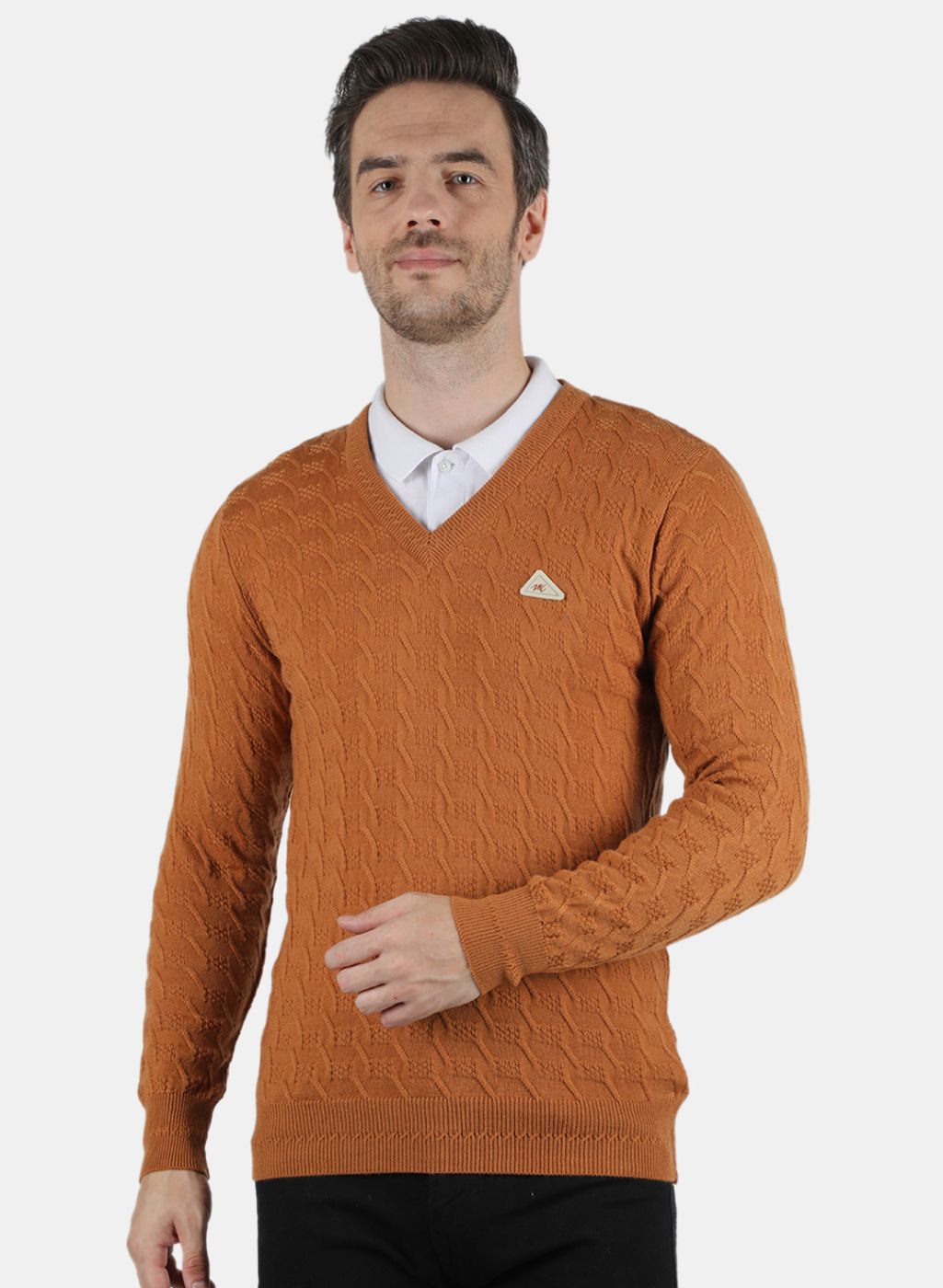 Men Orange Self Design Pullover