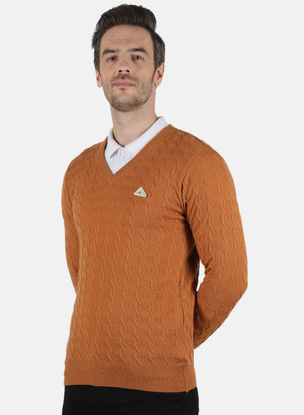 Men Orange Self Design Pullover