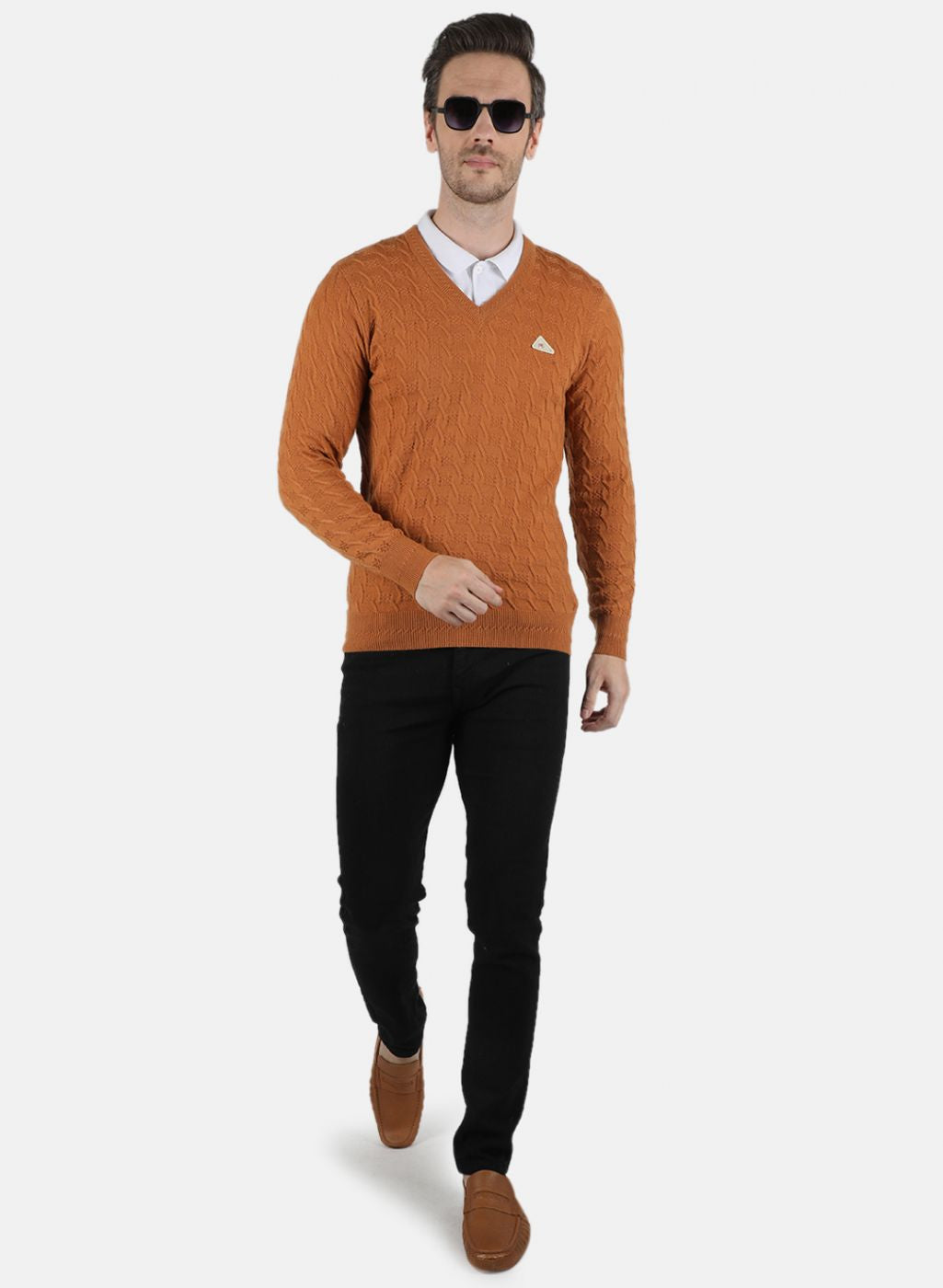 Men Orange Self Design Pullover