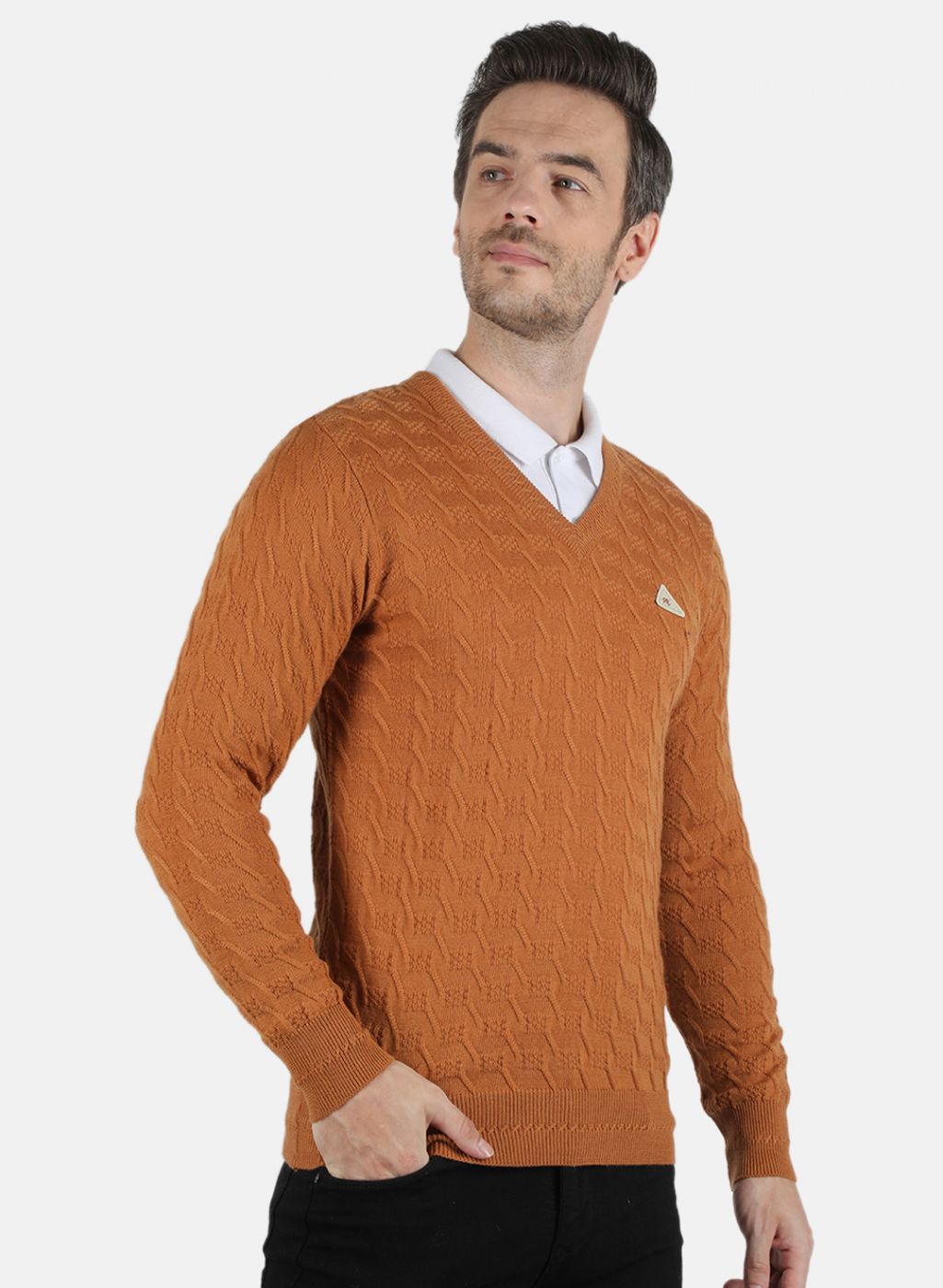 Men Orange Self Design Pullover