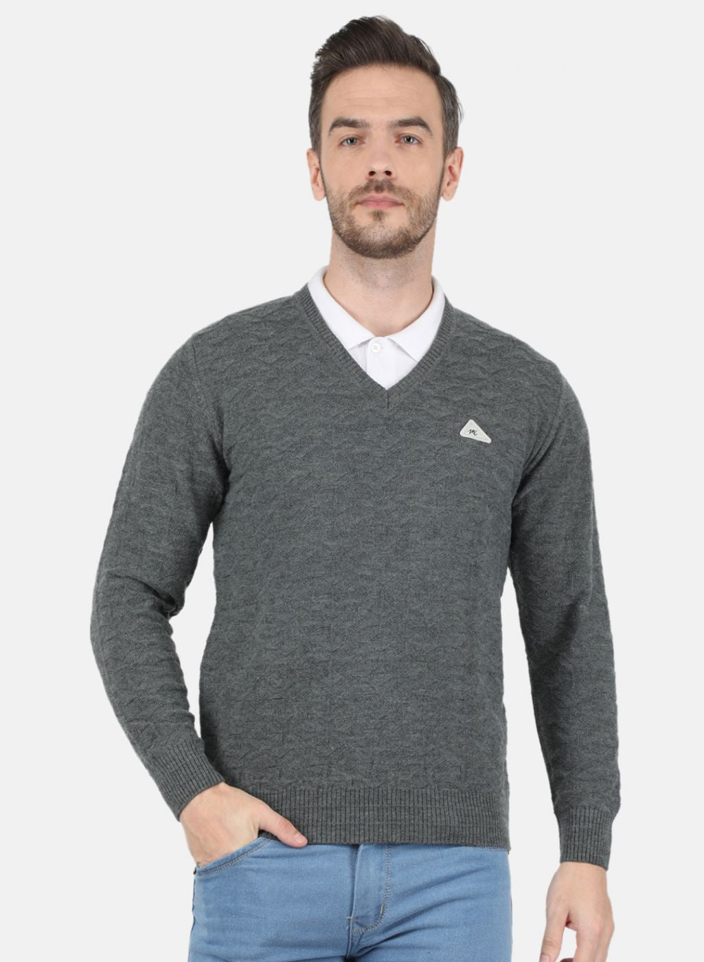 Men Grey Self Design Pullover