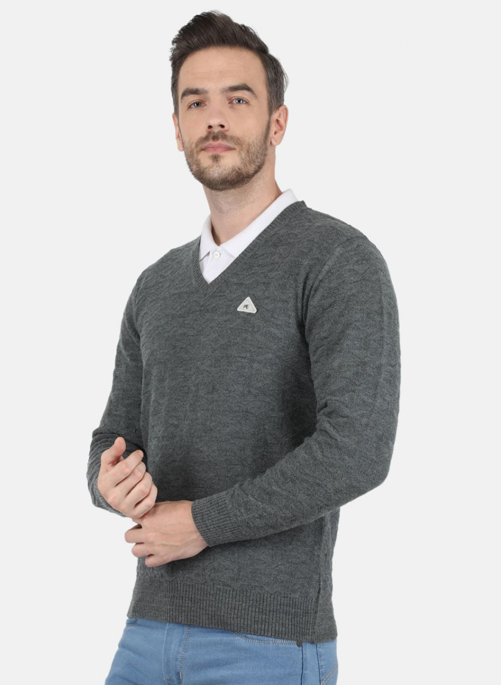 Men Grey Self Design Pullover