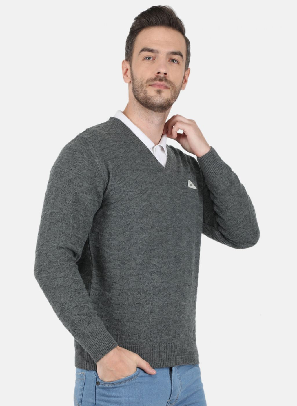 Men Grey Self Design Pullover