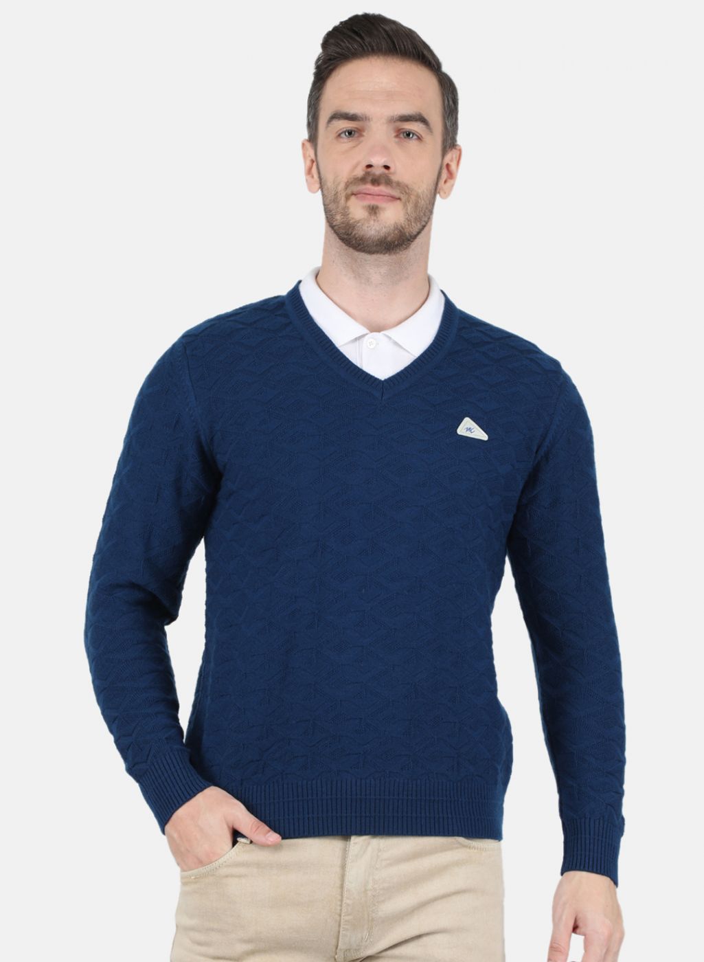 Men NAvy Blue Self Design Pullover