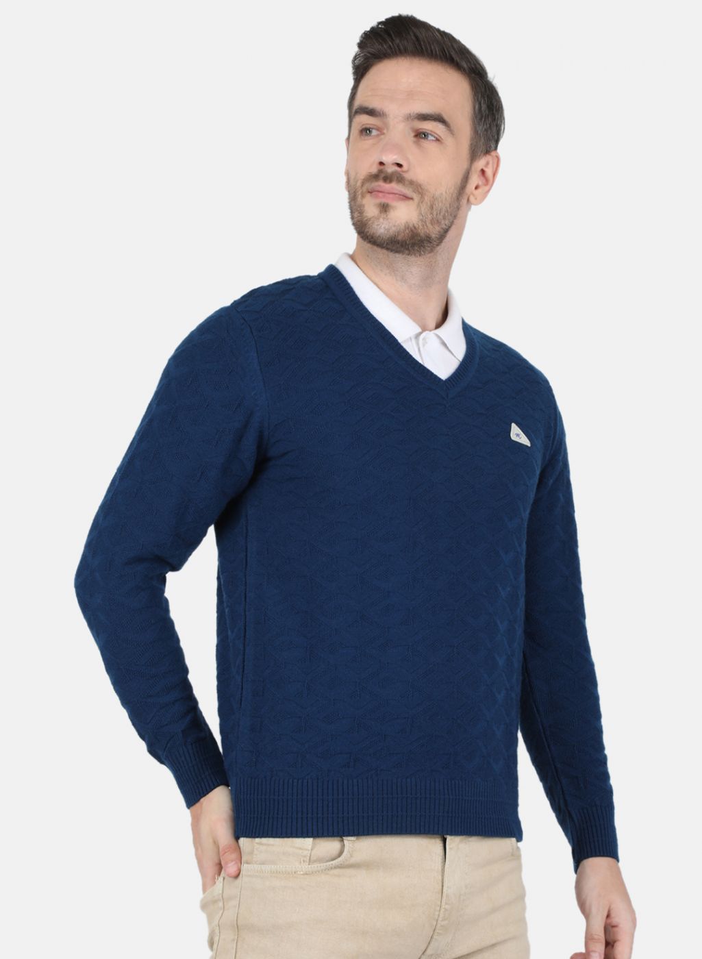 Men NAvy Blue Self Design Pullover