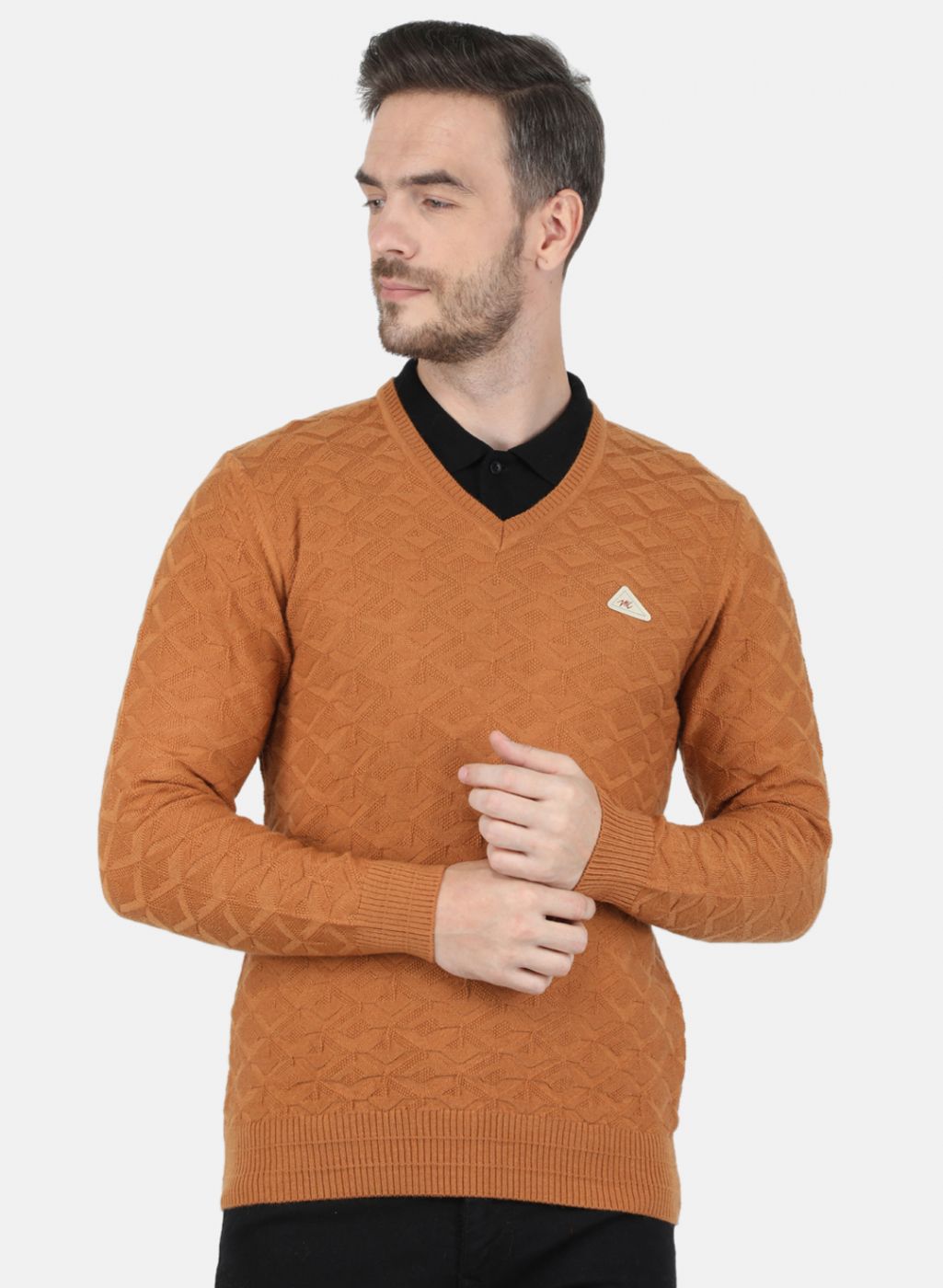 Men Orange Self Design Pullover