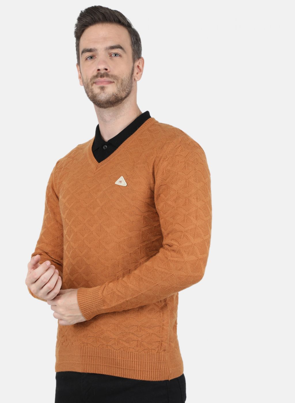 Men Orange Self Design Pullover