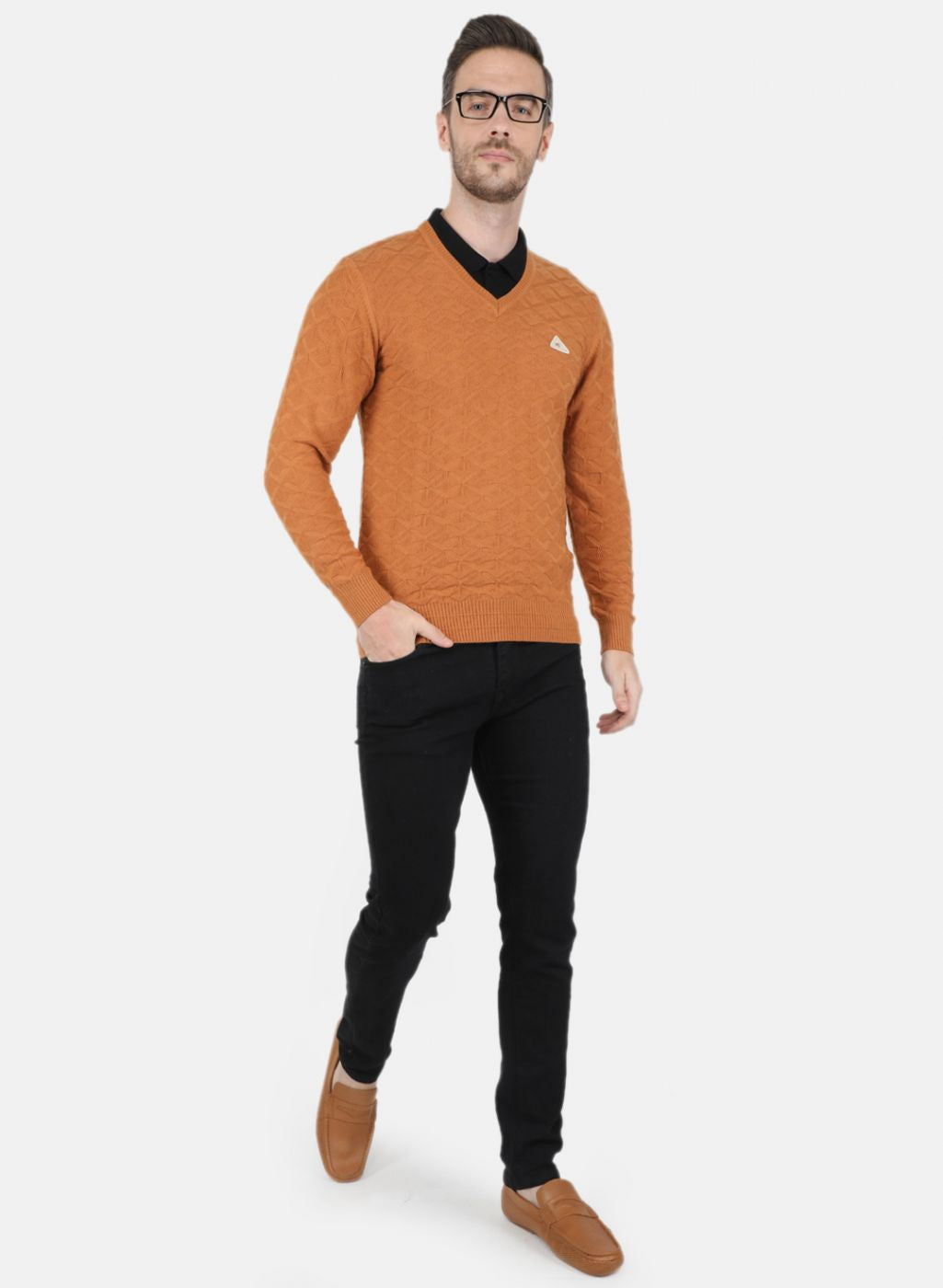 Men Orange Self Design Pullover