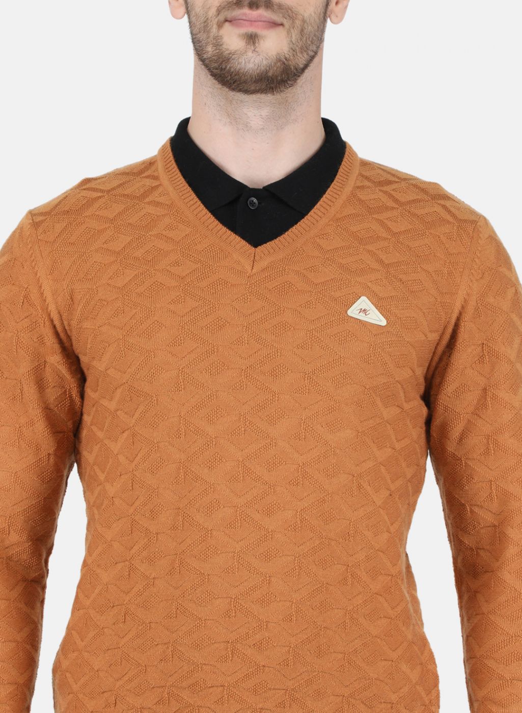 Men Orange Self Design Pullover