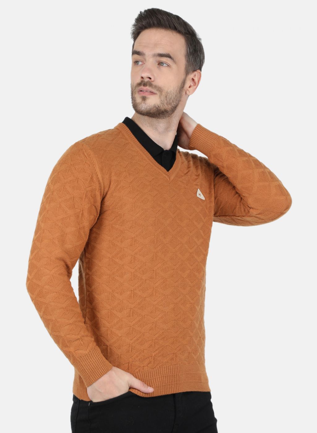 Men Orange Self Design Pullover