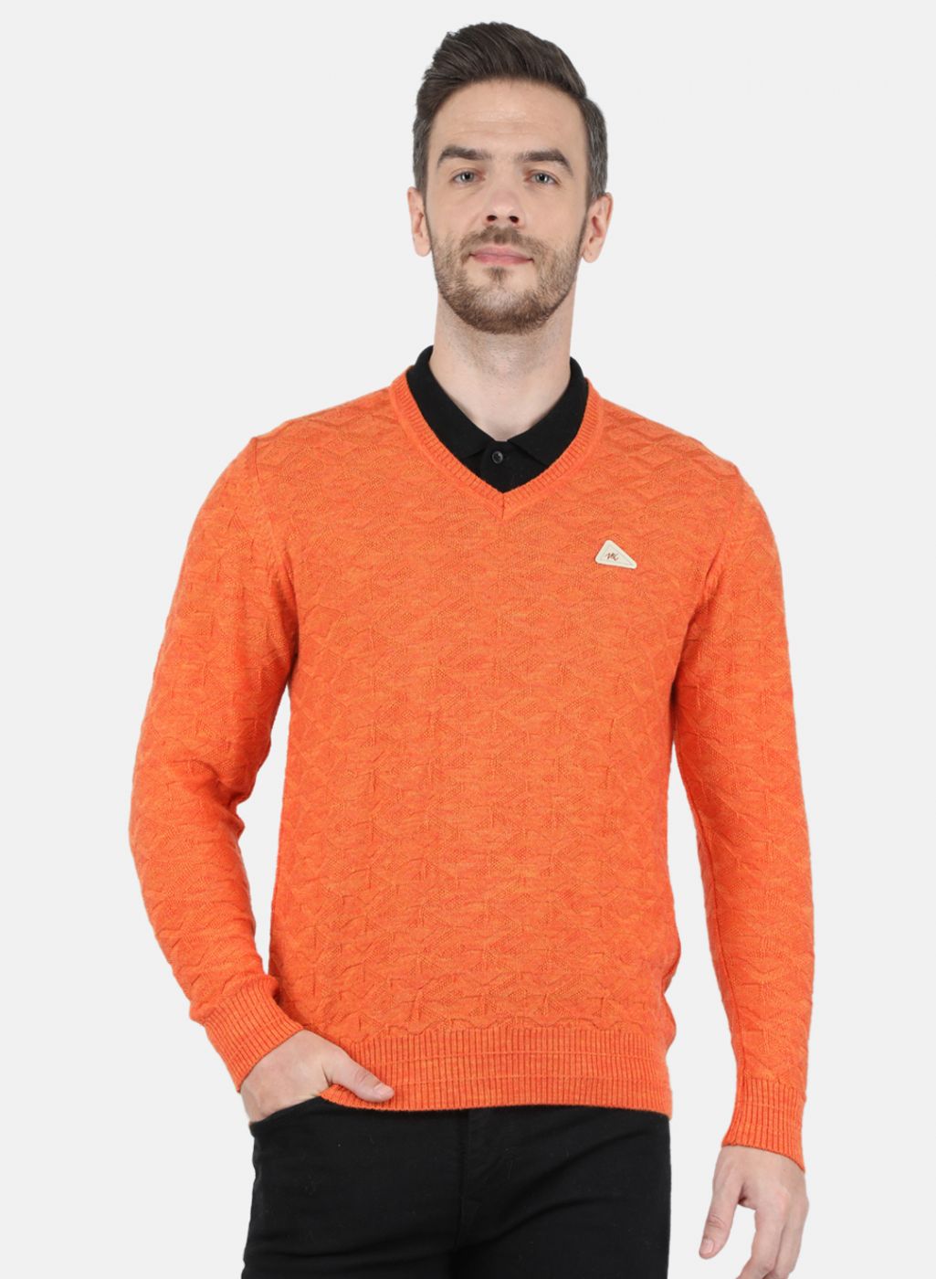 Men Orange Self Design Pullover