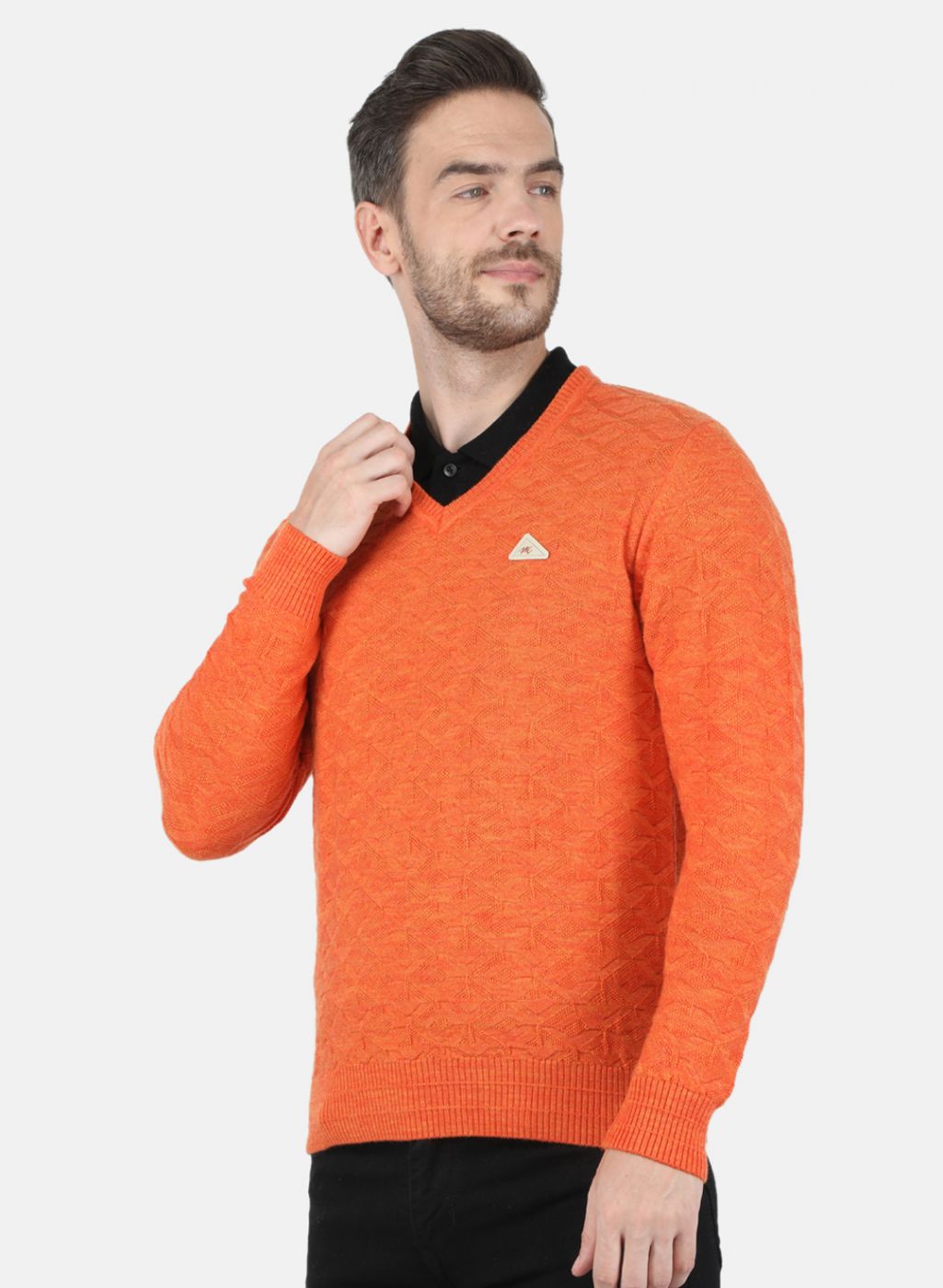 Men Orange Self Design Pullover