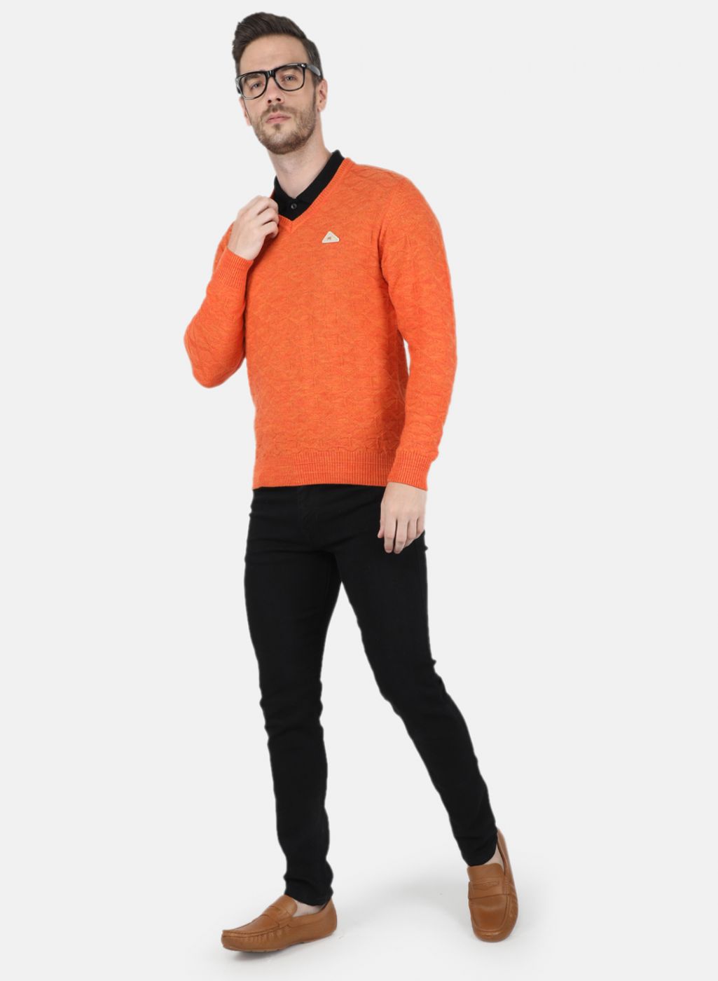 Men Orange Self Design Pullover