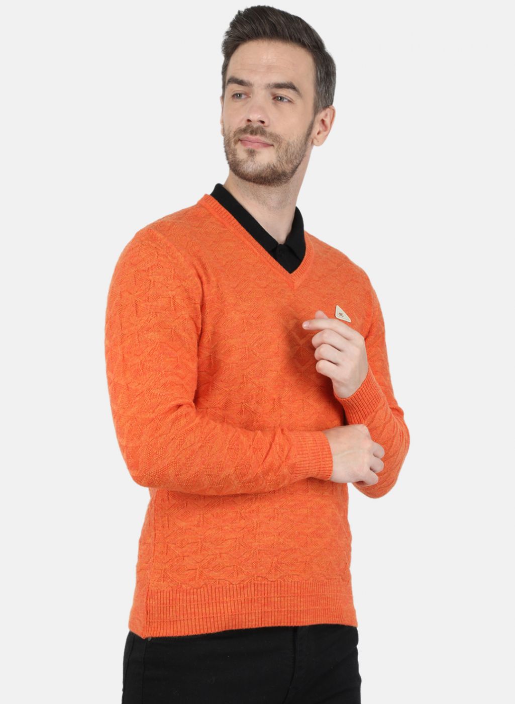 Men Orange Self Design Pullover