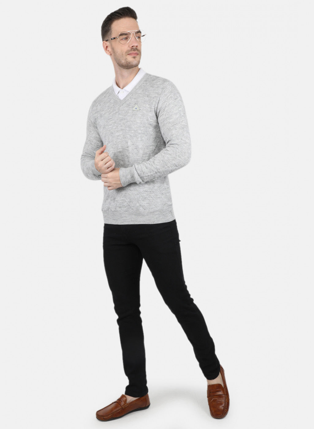 Men Grey Self Design Pullover