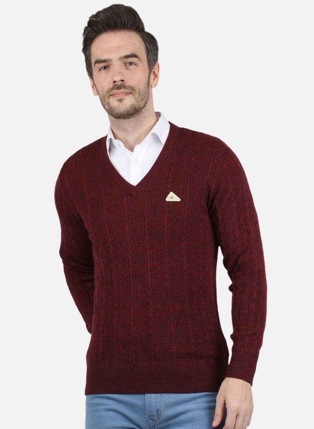 Men Maroon Self Design Pullover