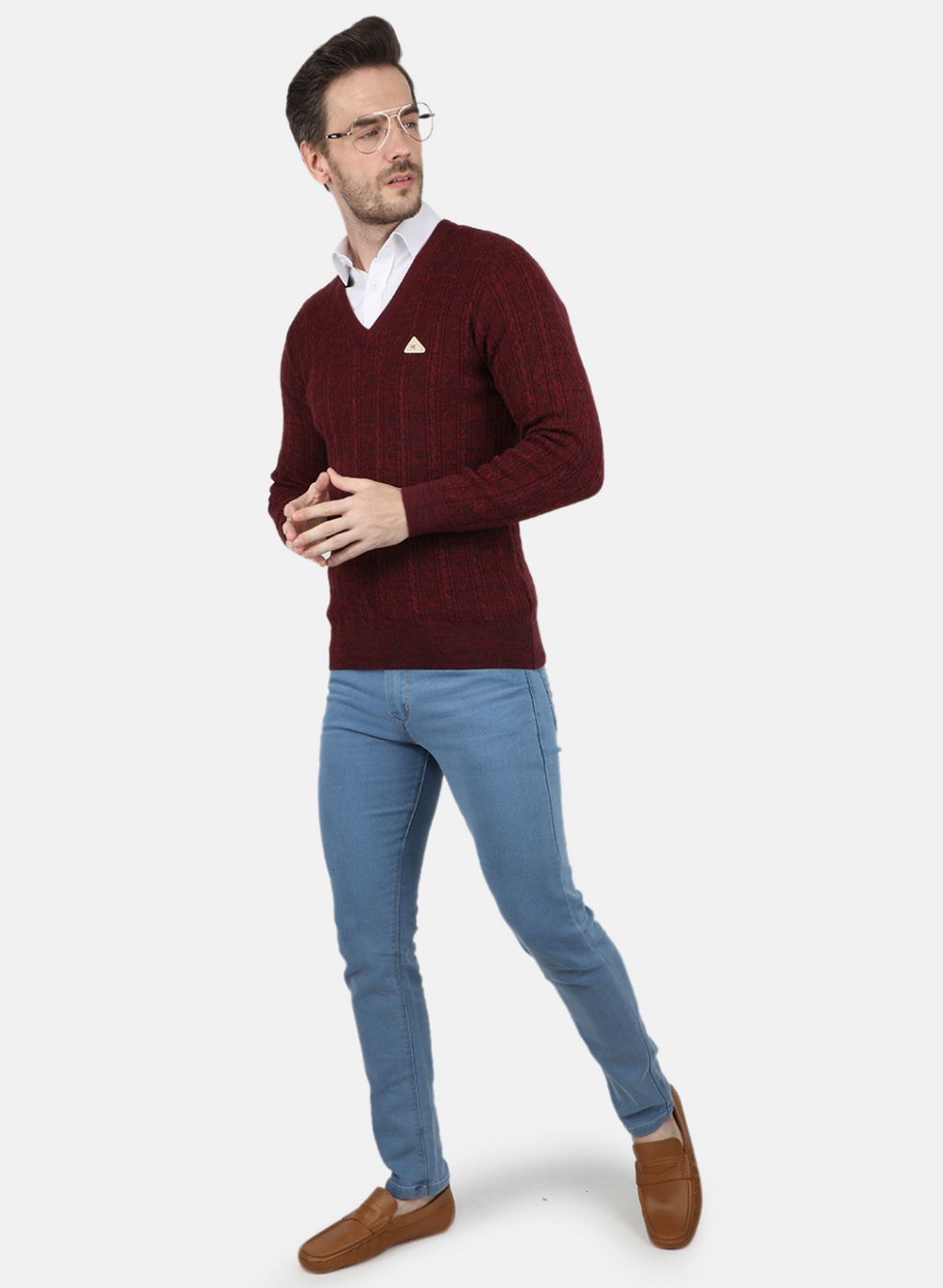 Men Maroon Self Design Pullover