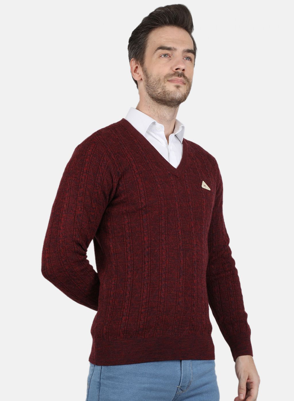 Men Maroon Self Design Pullover