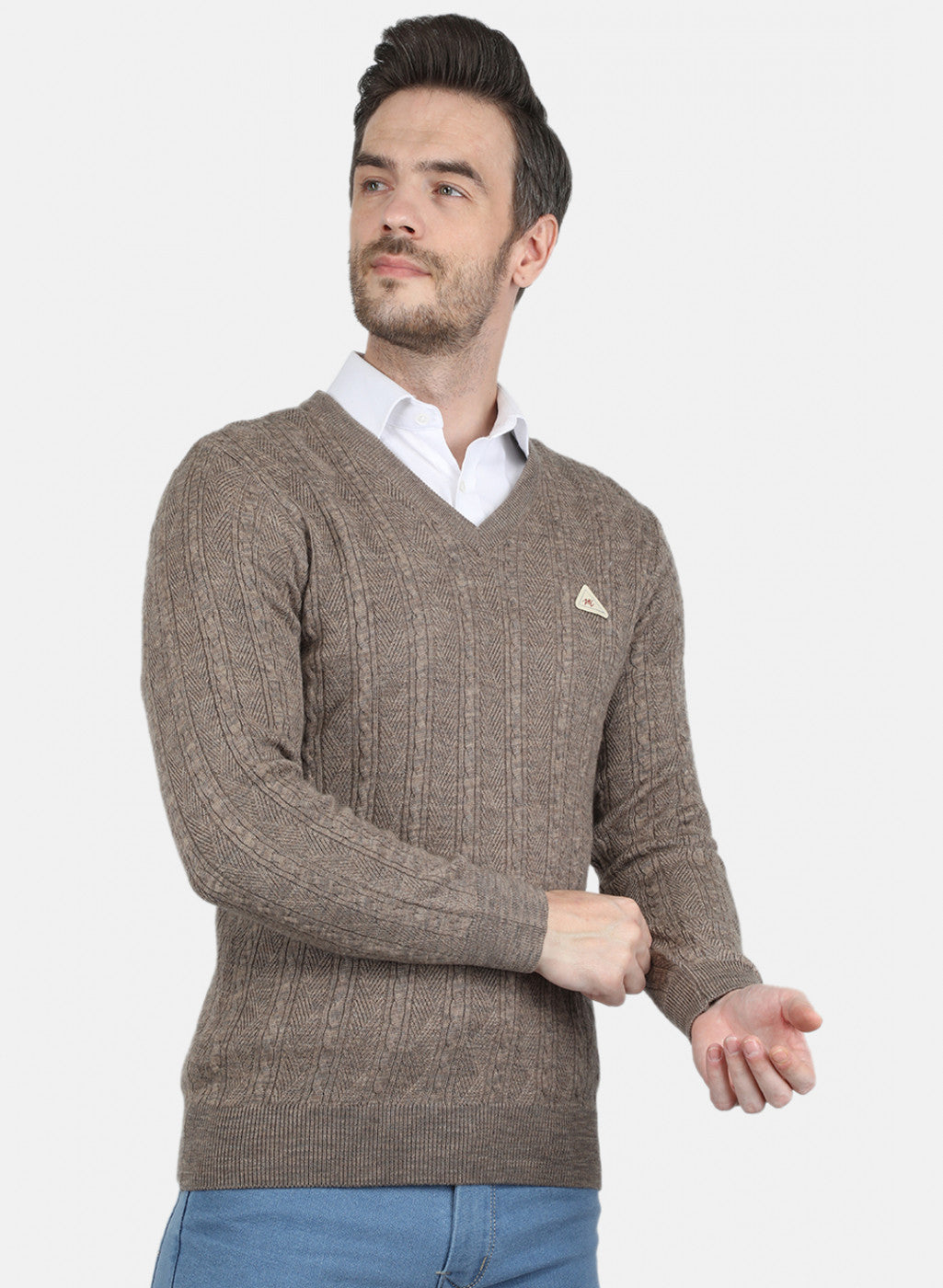 Men Brown Self Design Pullover