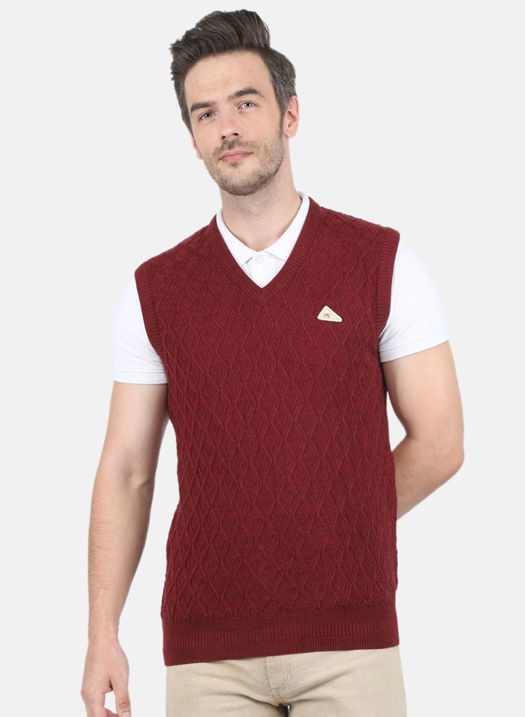 Men Maroon Self Design Sweater