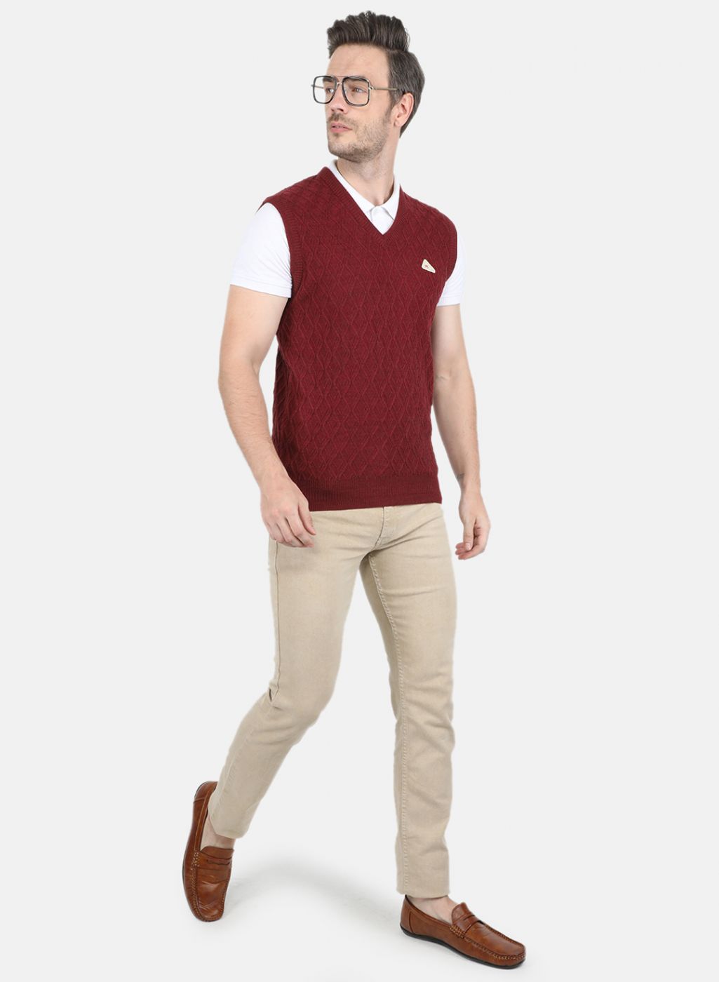 Men Maroon Self Design Sweater