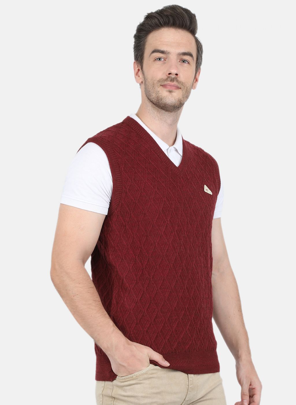 Men Maroon Self Design Sweater