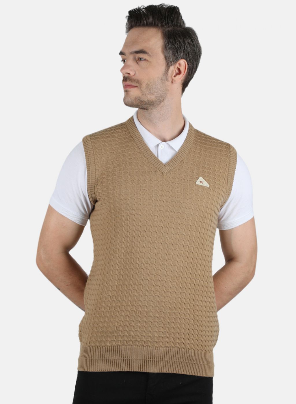 Men Beige Self Design Sweater