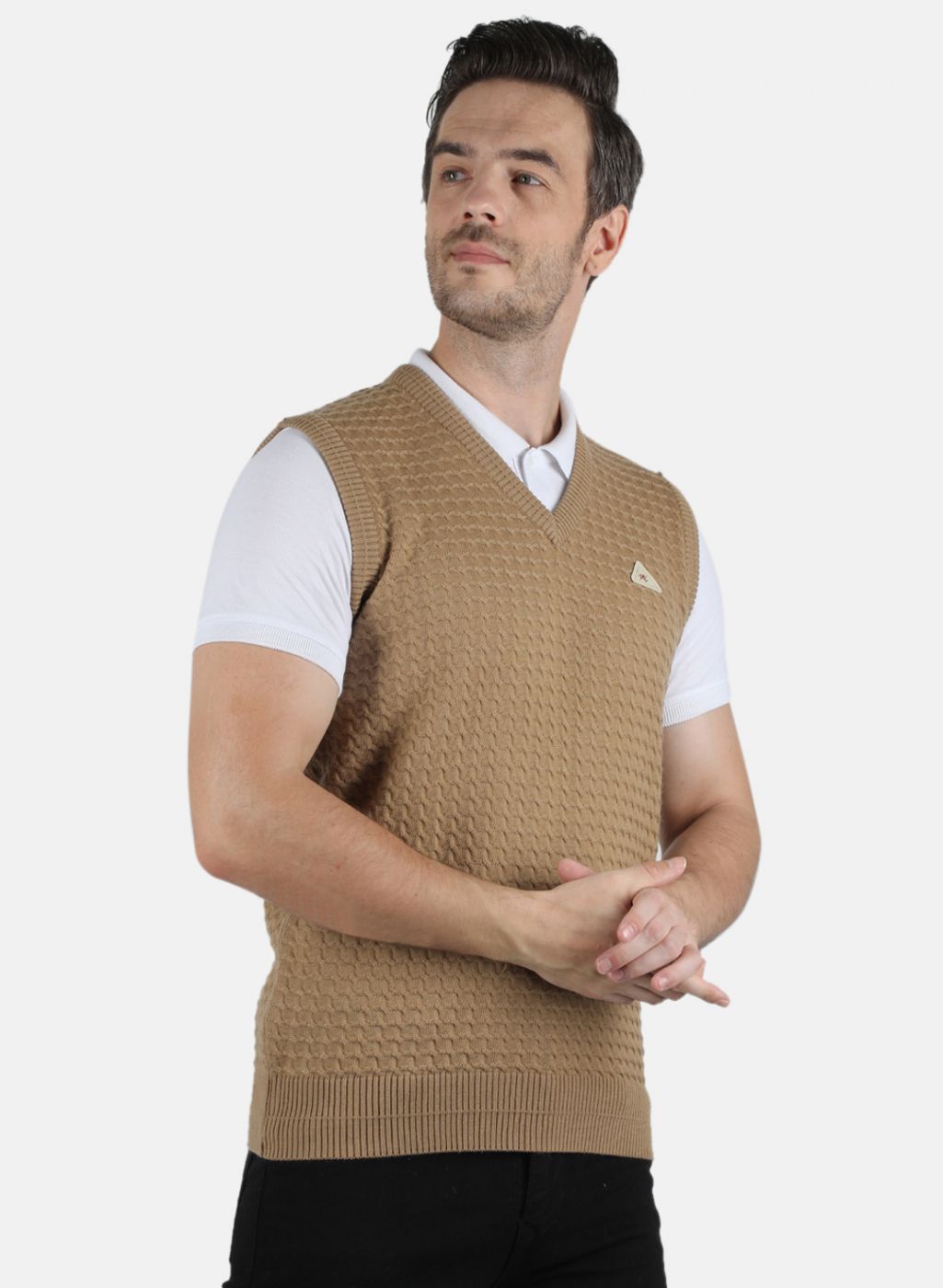 Men Beige Self Design Sweater