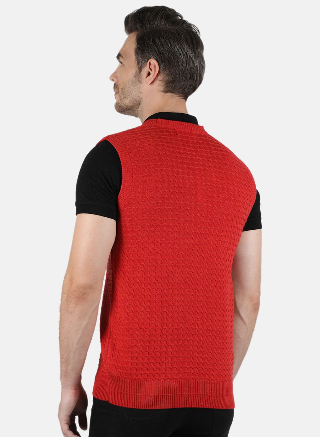 Men Red Self Design Sweater