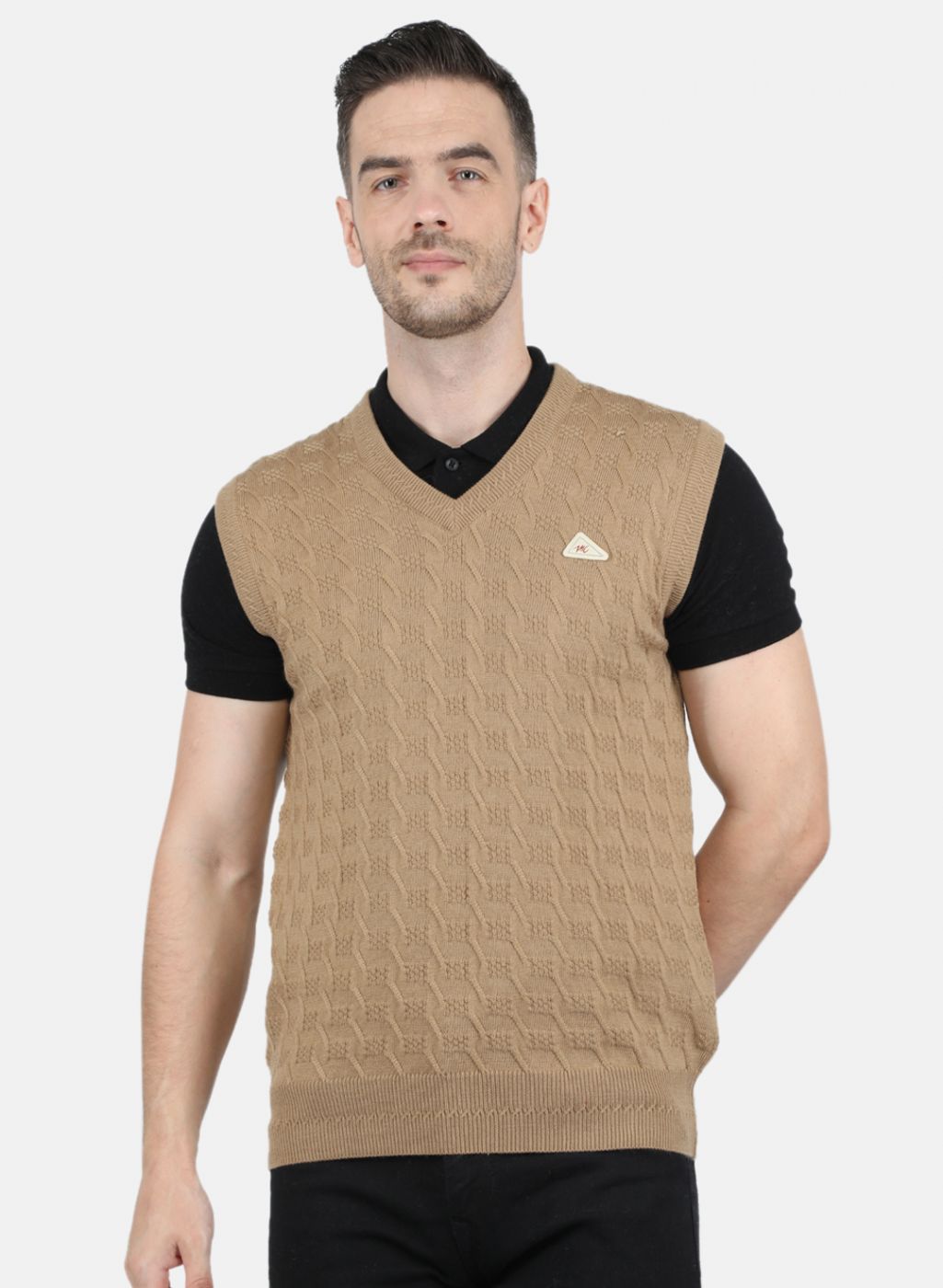 Men Beige Self Design Sweater