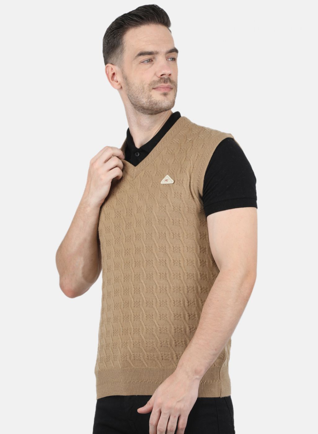 Men Beige Self Design Sweater