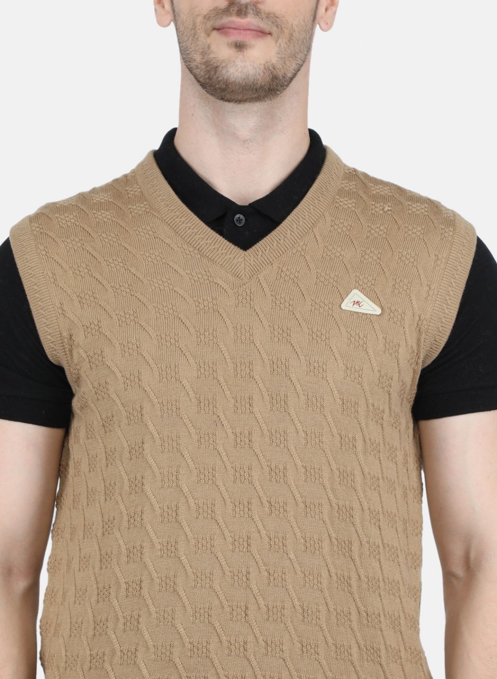 Men Beige Self Design Sweater