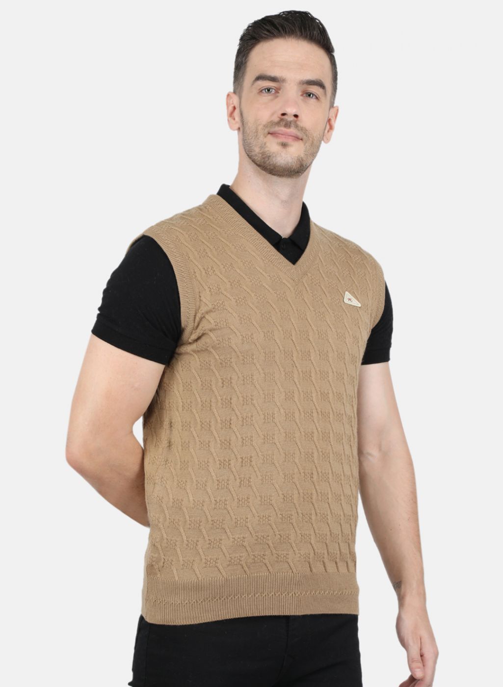 Men Beige Self Design Sweater