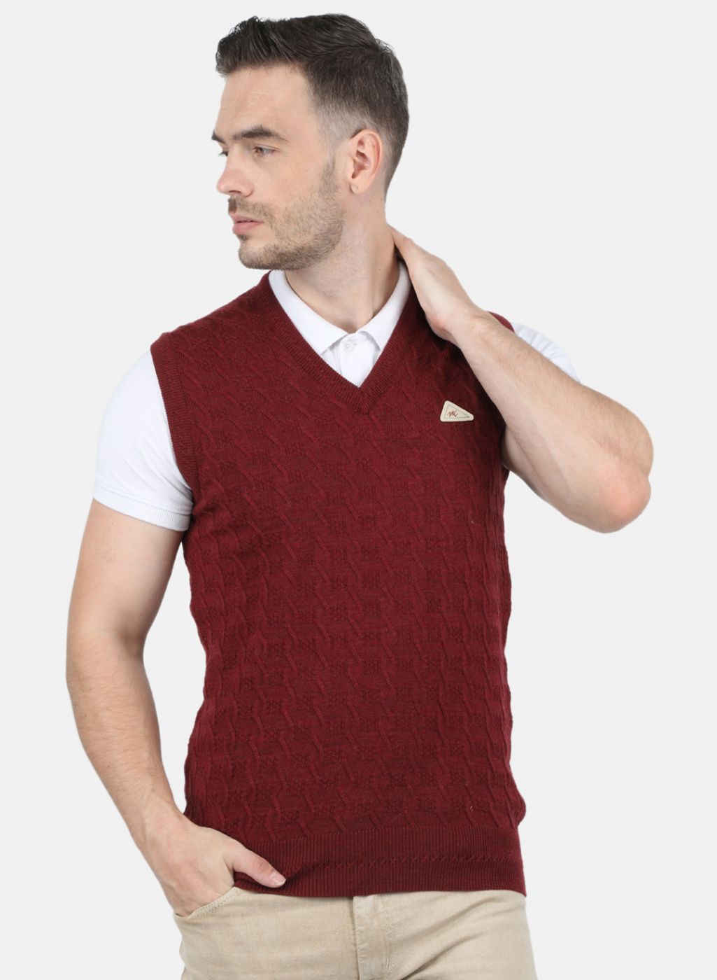 Men Maroon Self Design Sweater