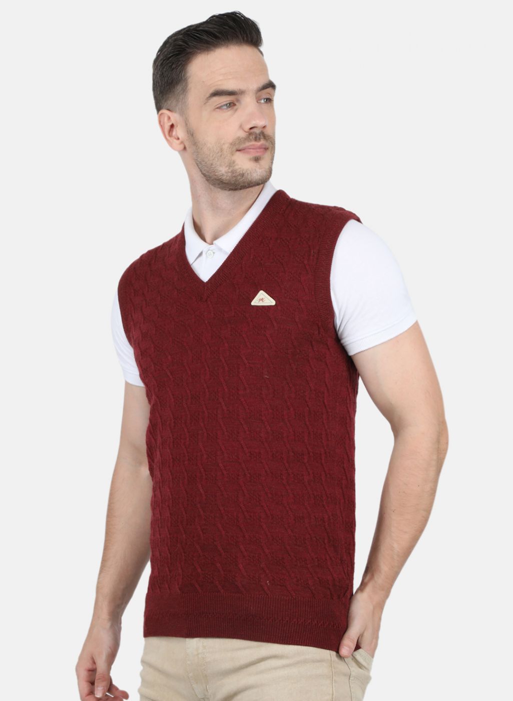 Men Maroon Self Design Sweater